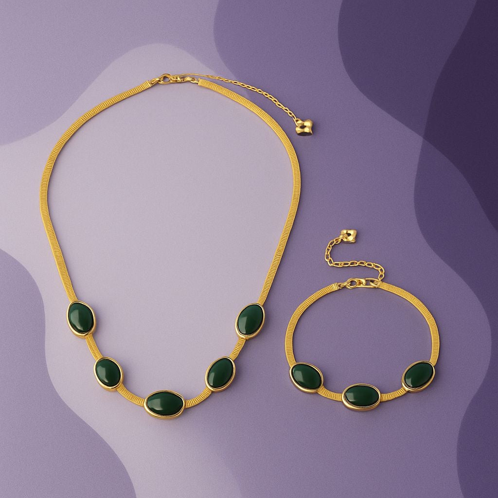 Oval Green Crystal Pendant Necklace Set With Bracelet