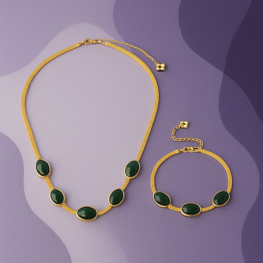 Oval Green Crystal Pendant Necklace Set With Bracelet