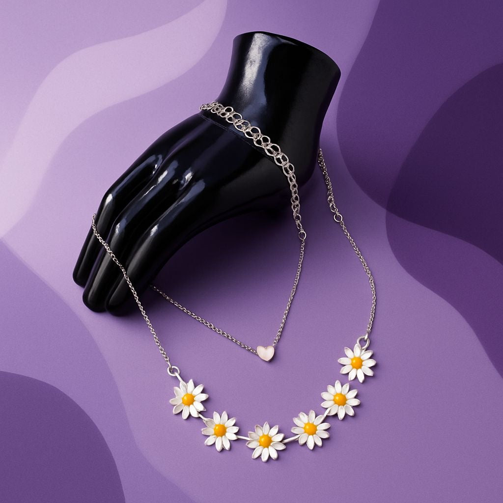 Beautiful Golden Daisy Heart Two-Layered Necklace For Women & Girls