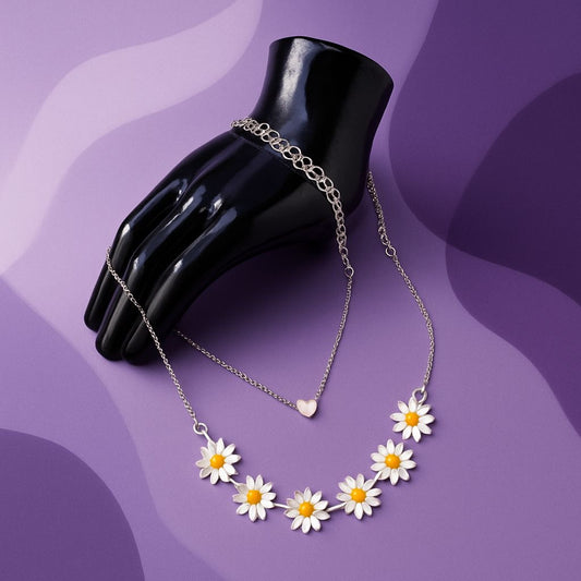Beautiful Golden Daisy Heart Two-Layered Necklace For Women & Girls